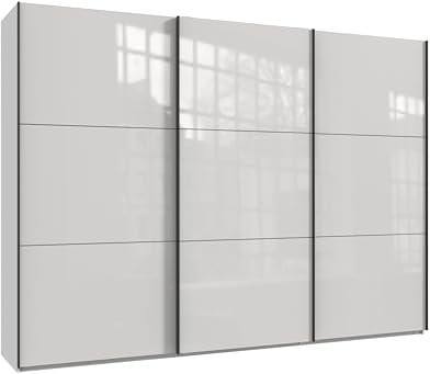Schwebetürenschrank 3-türig B300/H216/T65 cm in Weiß mit Glasfront, schwarzen Griffleisten, inkl. Selbsteinzug, Kleiderschrank mit Einlegeböden, Kleiderstangen, Schubladen, Wäscheeinteilung / 22036
