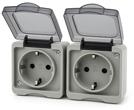 Enchufe exterior doble impermeable IP44 Toma de corriente con tapa para pared resistente al agua polvo y rayos UV ideal para jardín garaje y terraza