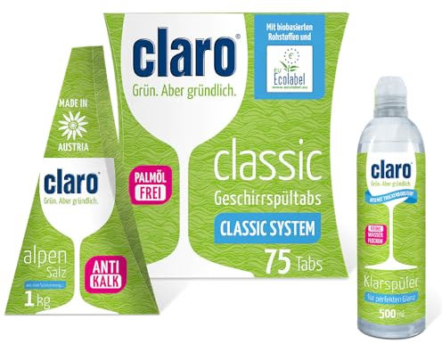 claro System Paket - All-in-One alles drin! - 75 Stück Classic Tabs + 1kg Alpensalz + 500ml Klarspüler
