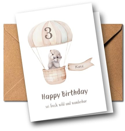 Personalisierte Geburtstagskarte Kind zum 1. 2. 3. 4. 5. 6. 7. usw. Geburtstag | Heißluftballon mit Tiermotiv | Karte Kindergeburtstag mit Name, Alter und eigenem Spruch (Otter)