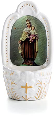 KMIMO Katholischer Weihwasserbrunnen aus Porzellan Unserer Lieben Frau vom Mont Karmel und Kind, Weihwasserbrunnen für den Eingang des Hauses, Wanddekoration, Kirche, religiöses Geschenk für die