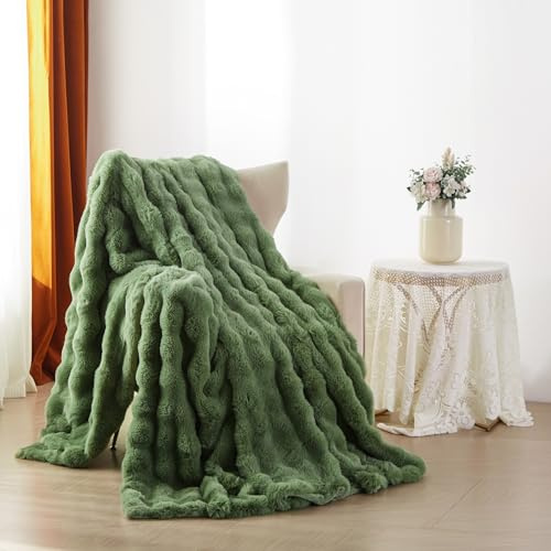 YASMENG Couverture Polaire 130x160 cm Hiver Chaude Vert Jeté de Canapé Peluche Imitation Fourrure de Lapin Texture à Bulles Super Douce Douillette Plaid Canapé Polaire Moelleuse Cadeau Femme Enfant