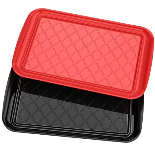 Serving Trays for Party - Set of 2, Large Serving Platters for Raw and Cooked Food, Dishwasher Safe, 17×10.5-inch Stackable Plastic Party Supplies for Grilling, BBQ, Meal Prep (Red, Black)