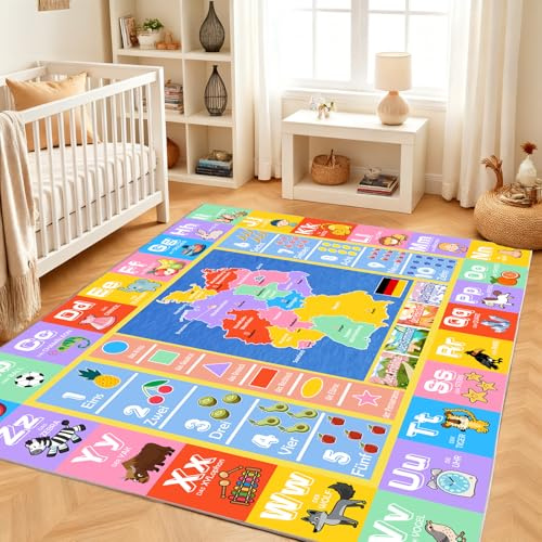 Luogort Teppich Kinderzimmer, Weicher Plüsch Baby Teppich ABC Rechteck Alphabet Karte-Teppich für Kinder, Lernteppich für Kinder für Klassenzimmer, Spielzimmer, Schlafzimmer, Kinderzimmer 200x300 cm