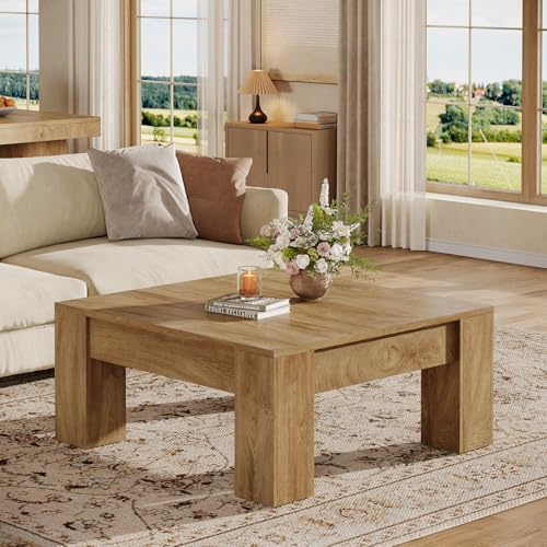 Tribesigns Couchtisch, Quadratischer Wohnzimmertisch, Couchtisch mit Stabilen Holzfüßen für Couch Schlafzimmer, 100 x 100 x 50 cm, Hellbraun
