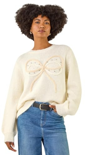 Roman Originals Faux Pearl Bow Knit Crew Jumper for Women UK - Ladies Everyday Autumn Winter Crew Neckline Comfy Soft Evening Vacation Work Party Night Out