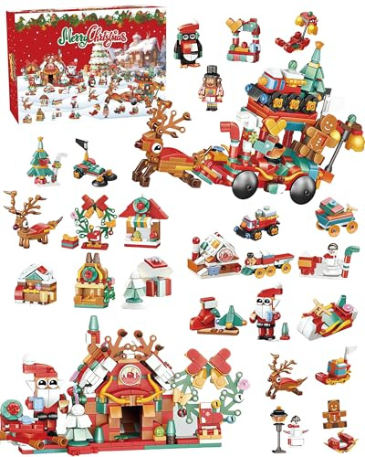 Calendario de Adviento con bloques de construcción de 24 días: juego de juguetes de cuenta atrás para Navidad 12 en 1, actividad de aprendizaje STEM para niños y adultos, divertido regalo navideño