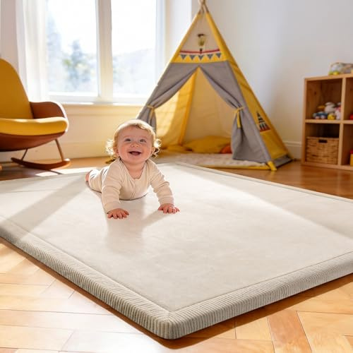 Treeboy krabbelmatte spielmatte Baby Kinder spielteppich 120x170x2cm beige | krabbeldecke Baby play crawling mat für Kinderzimmer mit hochwertigem Memory-Schaum Rutschfester Unterseite Kinderteppich