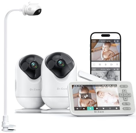 Dr.Care Baby Monitor Video WiFi 1080p,2 telecamere, 4, App, 1 clip&3000mAh | Avviso movimento/zona, audio bidirezionale, portata fino a 390 m, visione notturna HD, rilevamento T°/umidità, VistaView Lite