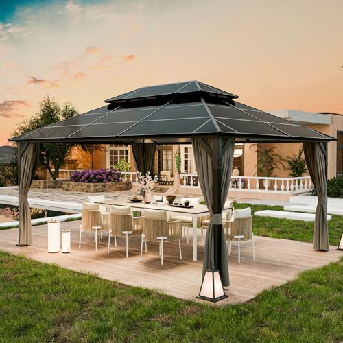 UDPATIO 3.65x4.85 m Pavillon Polycarbonat mit Vorhängen, Wetterbeständige Legierungen-Gartenpavillon wasserdicht stabil Winterfest UV-Schutz 6x6 cm starken Pfosten für Garten, Terrasse, Grau