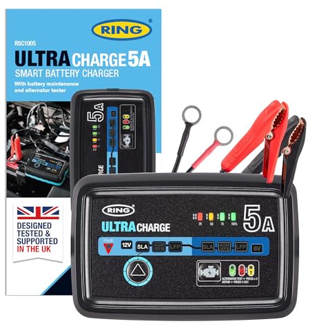 RING ULTRACHARGE 5A Smart Car Charger & Battery Maintainer | Compatible With 6V & 12V Batteries, Charges Lead Acid, Gel, AGM, Lithium, IP65 Waterproof, Built-In Alternator Testing