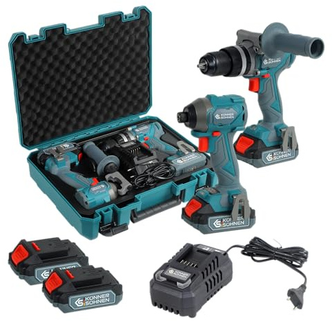 K&S Könner&Söhnen KS IDISD - Juego de 2 brocas inalámbricas de impacto (20 V, motor sin escobillas, para taladrar, fijar, con 2 baterías de 2 Ah, 20 V, carga)
