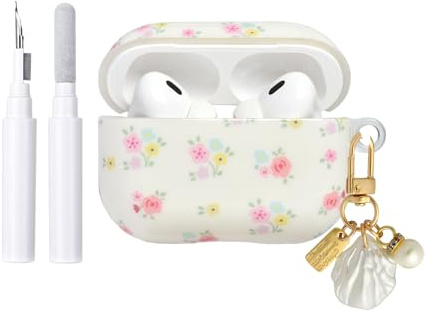Reownest Hülle für AirPods Pro 3 mit Reinigungsset, Süßes Blumendesign mit Eleganten Blüten, Weiche TPU Schutzhülle für Mädchen Frauen, Kompatibel mit AirPods Pro 3. Generation – Weiß
