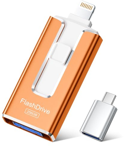 SUDEHO USB Stick 256GB for iPhone, MFi 4-in-1 Flash Drive, Orange | Seamless Connectivity Across iPhone, iPad, Android, PC & Mac, Stable Data Transfer, Save & Share Photos, Videos & Files