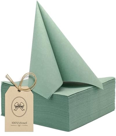 100% Mosel Airlaid Servietten, 50 Stück (40 x 40 cm), in Eukalyptus Grün | Stoffähnlich und beidseitig farbig – Premium Tischdeko für Hochzeit, Kommunion, Konfirmation, Taufe und Geburtstag