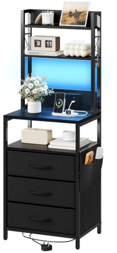 Dripex LED Bedside Table with Charging Station, 3 Fabric Drawers, Black | 40 x 30 x 110 cm, Charging Station with USB Ports, Metal Frame, Open Shelf, Slim Tall Space-Saving Design