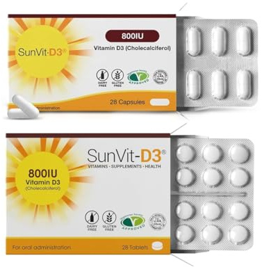 SunVit-D3 Vitamin D 800IU Capsules & Tablets Bundle – Cholecalciferol Supplements Maintenance for Bone, Teeth, Muscle & Immune Support | 28 Capsules + 28 Tablets | Made in UK & GMP Approved