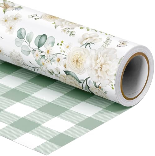 SHUCHING Presentpapper vita blommor – 43 cm x 10 m | Grönt rutigt presentpapper rulle för flickor kvinnor födelsedag, bröllop, årsdag, brudfest