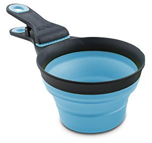 Dexas Popware for Pets Collapsible Klip Scoop, 3 in 1 Design Convenient Measuring Cup, Food Scooper and Bag Clip, 1Cup Capacity Pet Food Scoop, Versatile Food Measuring Cups Portion Control Gray/Blue