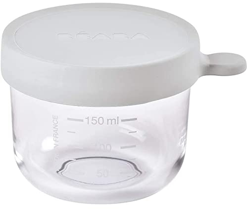 BÉABA, Portion Conservation Repas Bébé/Verre Extra Résistant, Made in France, 100% Hermétique, Résiste à la chaleur et Choc thermique, Congélation, Stérilisation, Graduation, 150 ml, Light Mist