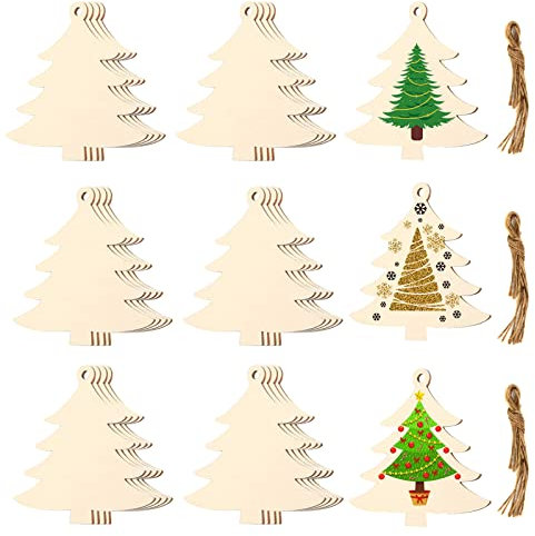 MAINOSHY 30PCS Wooden Christmas Ornaments - Baubles, Wood Slices, Tree Shape Hanging Decorations for DIY Crafts