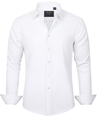 J.VER Men's Dress Shirts Solid Long Sleeve Stretch Wrinkle-Free Formal Shirt Business Casual Button Down Shirts White Large