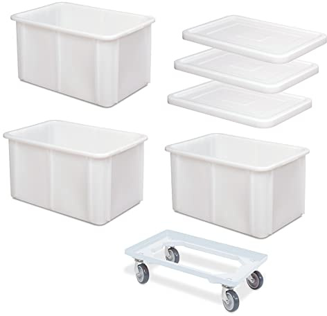 BRB 3x Schwerlastbehälter 600x400x320 weiß mit Deckel + Transportroller