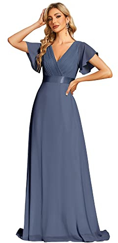 Ever-Pretty Women's Double V-Neck Short Flutter Sleeves Empire Waist Elegant Chiffon Long Evening Dresses Stormy 8UK