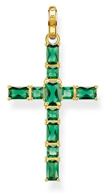 Thomas Sabo Damen Ketten Anhänger Kreuz, mit mehreren grünen Steinen, 925er Sterlingsilber geschwärzt und 750er Vergoldung, Maße: 42 x 23 mm, PE939-472-6