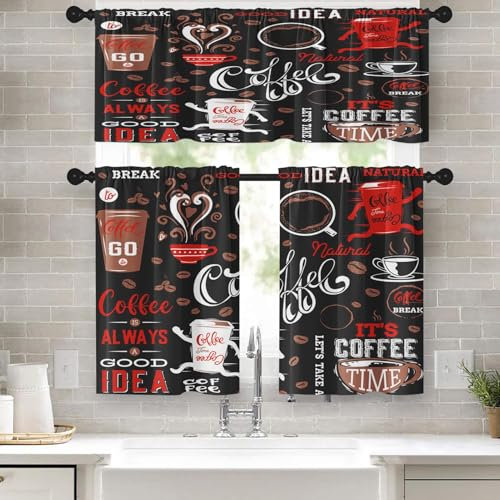 Tayney Kaffee-Küchenvorhänge, niedlich, schwarz, rot, Fenstervorhänge, Volant und Etagen, 3er-Set, Vintage-Vorhang für Badezimmer, lustige kleine Café-Vorhänge für Fensterdekoration, 132,1 x 61 cm