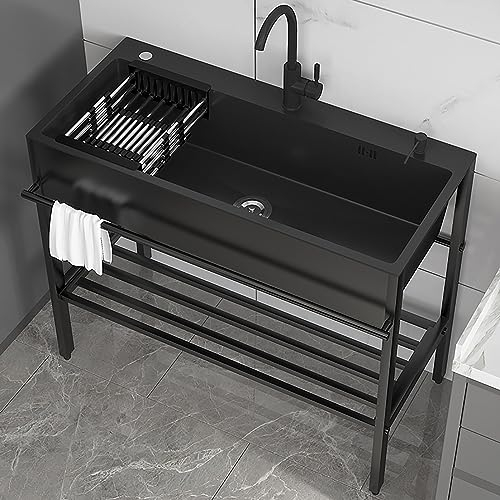 Edelstahl Waschbecken Ausgussbecken,Freistehende Spültisch Küche Spülbecken,Outdoor Spüle Küchenspüle Mit Unterschrank,Außenbereich Edelstahlspüle Handwaschbecken Mit Wasserhahn Für Waschküche,Schwarz