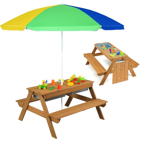 COSTWAY 3 en 1 Table de Pique-Nique Enfants avec Parasol Amovible, Table de Jardin avec Plateau Amovible, 2 Boîtes pour Sable & Eau, Extérieur Intérieur pour 4 Enfants de 3-7 Ans, Charge 50kg