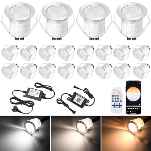 20er WIFI CCT Led Treppenbeleuchtung, Ø30mm 12v Mini Spot Bodeneinbaustrahler Aussen Led Bodeneinbauleuchten, Warmweiß Kaltweiß CCT, IP67 Wasserdicht, APP Steuerbar, Kompatibel mit Alexa Google Home