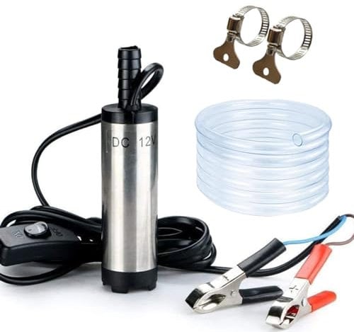 kingkindsun 12v Compact Portable Submersible Silver Stainless Steel Water Pump with Filter Mesh and 3 Meter Hose for Vehicle, Camper, Truck, Caravan, Marine Boat