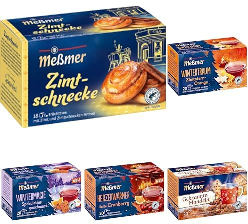 Meßmer Wintertee | Zimtschnecke, Zimt-Orange, Gebrannte Mandeln, Cranberry, Spekulatius | 5 x 20 Teebeutel | Vegan | Glutenfrei | Laktosefrei