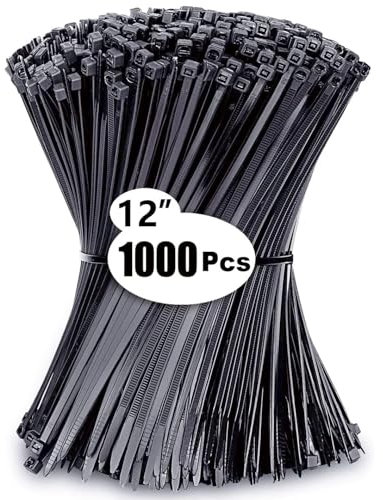 12 inch Cable Ties 1000 Pack, Black Zip Ties 300 x 3.6mm, Tensile Strength 40lbs with UV Resistant, Tie Wraps Nylon Plastic ties Self Locking Large Heavy Duty Cable Wrap for Tidy Wires Garden Workshop