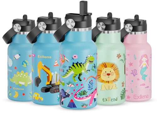 Exllena 350ml Stainless Steel Water Bottle Kids BPA Free with Straw - 100% Leakproof - Kids Insulated Water Bottle with Handle Lid - Easy to Use for Toddlers Girls Boys (Dinosaur World)