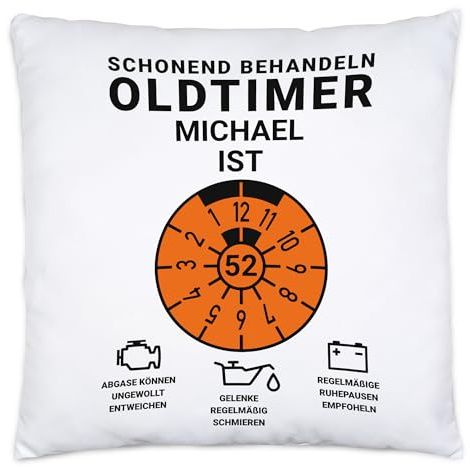 Kiddle-Design Personalisiertes Kissen 52. Geburtstag, Schonend behandeln Oldtimer ist 52, 52ter Geburtstag Lustiges Geschenk Mann Frau, Kissen 40x40 cm inkl. Füllung