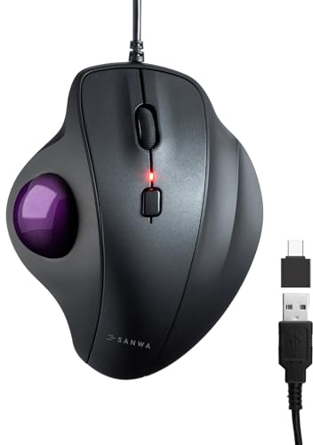 SANWA Trackball Maus mit Kabel, Leise Klik Mäuse, 600/800/1200/1600 DPI, USB-A & Type-C Anschluss, Vorbeugung Mausarm Tennisarm RSI, 34mm Ball Daumenkontrolle, Kompatibel mit Winows, Mac, PC, Lila