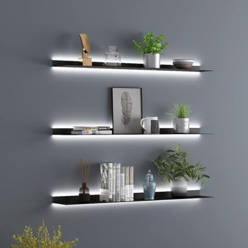 simdennr Wandmontierte Schweberegale aus Metall mit LED-Lichtern, Hängeregal für Wohnzimmer, Küche, Badezimmer, integriertes beleuchtetes LED-Licht Display-Regal, schwarz, 80 cm