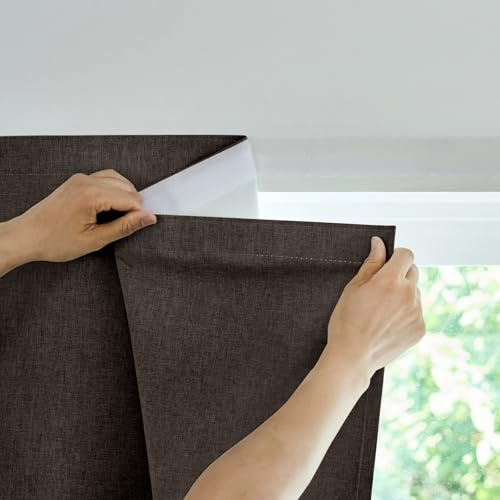 Jilron Selbstklebender Verdunklungsvorhänge, 100% Lichtundurchlässig,Ohne Bohren, Einfache Installation, Thermovorhang, Blackout Curtain (Dunkelbraun-H152 x B87 cm) 1er-Pack