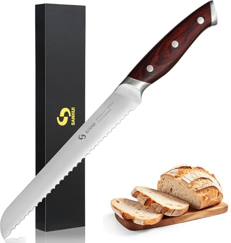 SANHUI 20cm Karbonstahl Brotmesser mit Wellenschliff | Hochkarbon-Edelstahl,Ergonomischer Pakka-Holzgriff,Ideal für Brot, Bagels, Kuchen und Gebäck,Geschenkbox inklusive