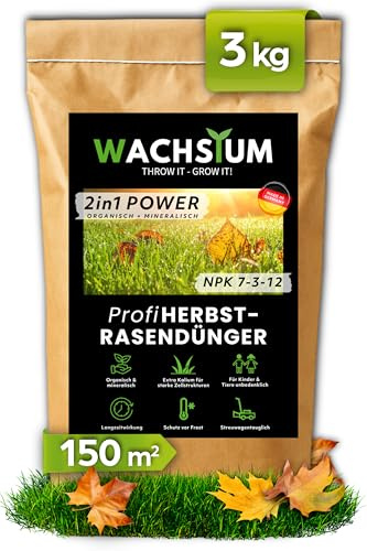 Rasendünger Herbst 3kg für 150 m², organisch mineralisch, Kalium Dünger für starke Wurzeln, winterfest mit Langzeitwirkung, Profi Nährstoffformel, Herbstrasendünger, 2in1 Power, WACHSTUM, Turbo