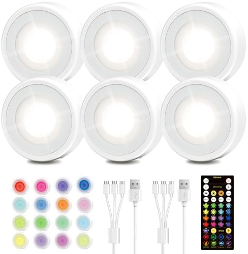 EZVALO LED-Puck-Lichter, wiederaufladbar, 3 Farben und 16 RGB-Batterien, Touch-Licht, 6,3 cm Mini-Lichter, kabellose Schrankbeleuchtung, Unterschrankbeleuchtung, Sitzleuchten für Küche, Speisekammer