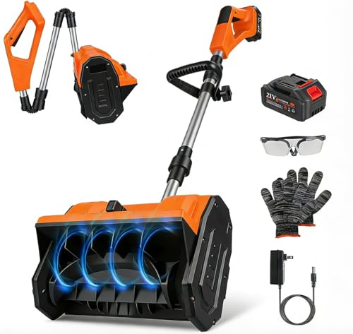 Pelle à neige électrique pliable sans fil, 500 W, 21 V, 27,9 cm, avec plaques directionnelles ± 45°, batterie rechargeable, gants et lunettes pour allée, patio, terrasse, allée, vert (27,9 cm)