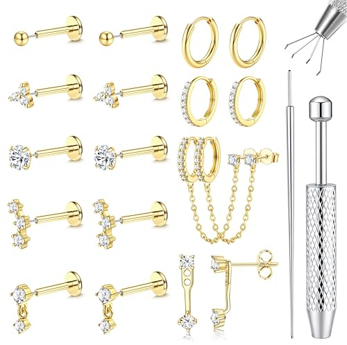 Chriscoco 16G/18G/20G Helix Piercings Chirurgenstahl Creolen Ohrringe Set für Damen 14K Vergoldet Medizinische Ohrstecker Silber Nasenpiercing Stecker Labret Conch Tragus Piercing Set Piercing Ohr