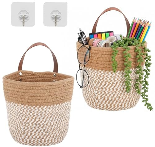 Dwitkul 2 Stück Hängekorb, Hängekörbe aus Baumwollseil, 16 x 18 cm Wandkörbe mit Griff für Bad, Küche & Zimmer, Hängeaufbewahrung, Home Organizer, Geschenk, Raumsparend Organizer
