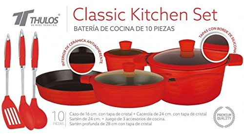 Batteria di pentole in alluminio con rivestimento ceramico da 10 pezzi (rosso)