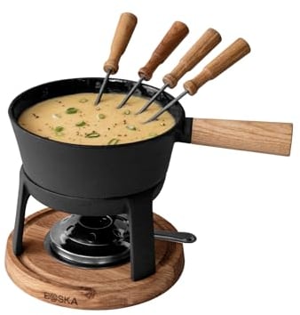 Boska Appareil à fondue Pro - Fondue au fromage - Inc. fourchettes - Stable - Fondue bougie - Bois de Chêne & Acier Inoxydable - 1,2 L Contenu - Pour 4 Personnes - Pour 875 gr Fromage Fondu