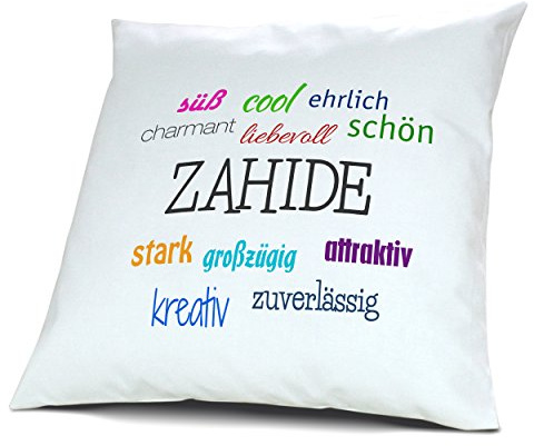 digital print Kopfkissen mit Namen Zahide - Motiv Positive Eigenschaften, 40 cm, 100% Baumwolle, Kuschelkissen, Liebeskissen, Namenskissen, Geschenkidee, Deko